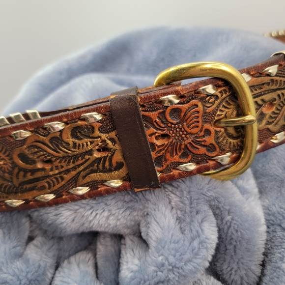 Big John mens western hand tooled saddle leather belt Sz - Picture 2 of 12